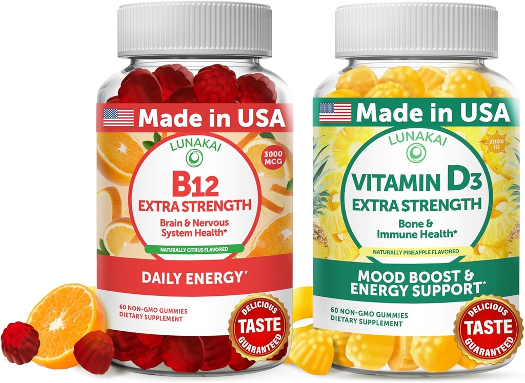 Lunakai Vitamin B12 in vitamin D3 Gummies Bundele - 3000 μg B12 in 25 μg 1000 UI VIT D3 - Gluten prost, brez koruznega sirupa, organski, ne-GMO, želatina na osnovi rastlin