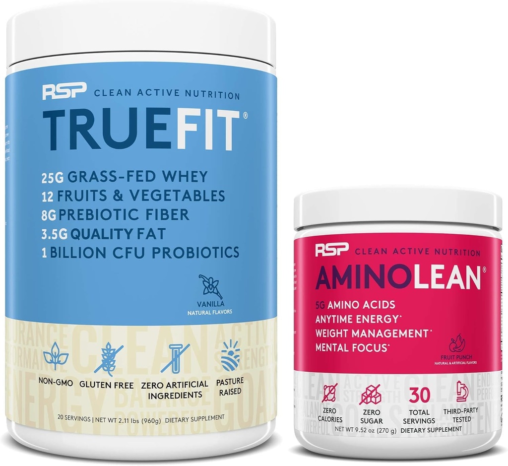 RSP HRANILNA Aminolean Pred treningom Energija (Fruit Punch 30 Serving) z TrueFit Protein Powder (Vanilla 2 LB)