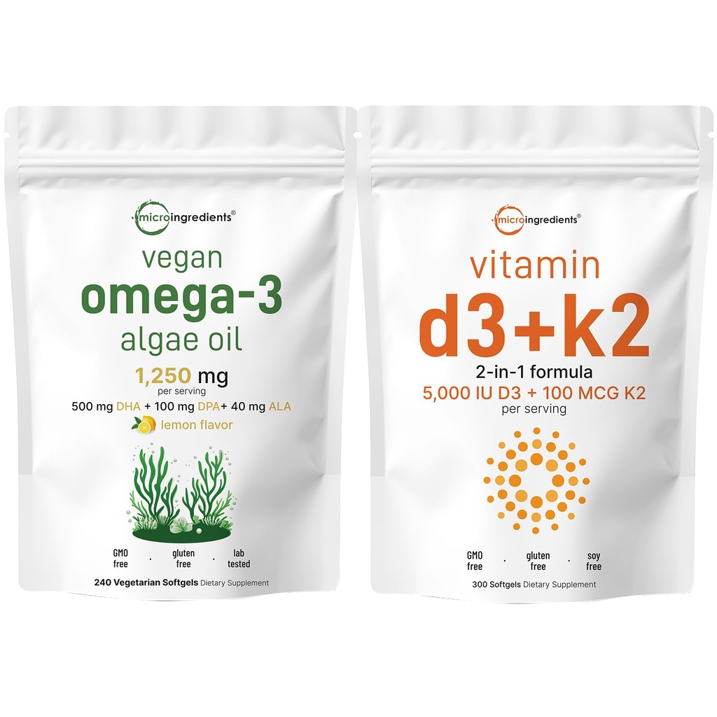 Mikro sestavine Vitamin D3 5000iu + K2 100mcg Softgels & Vegan Omega 3 Algae Oil Supplement Paket 2 Pakiranje 