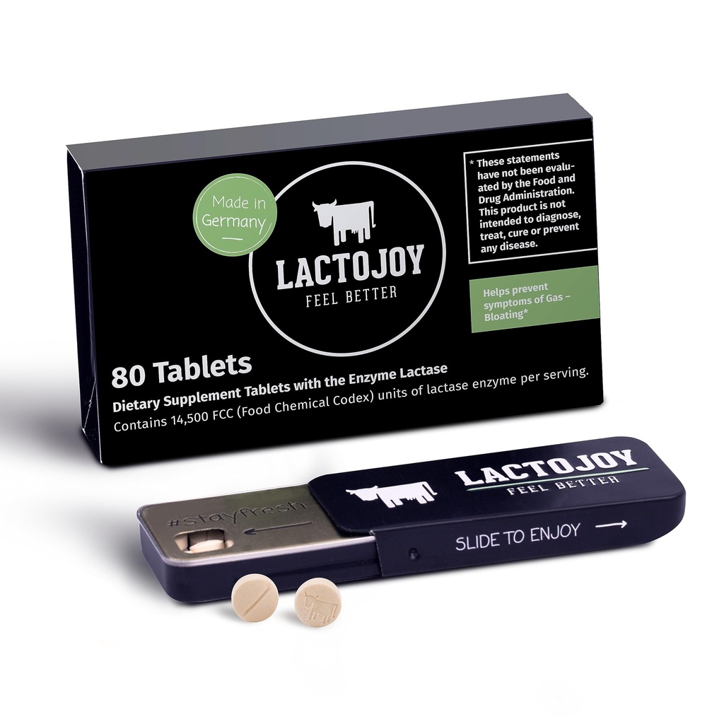 LaktoJoy Laktazne tablete 14.500 I 80 Koščki I Močne encime laktaze za laktozno intoleranco I Ultra čista laktaza za izboljšano prebavo I Brez silicijevega dioksida, brez umetnih arom, brez sukraloze