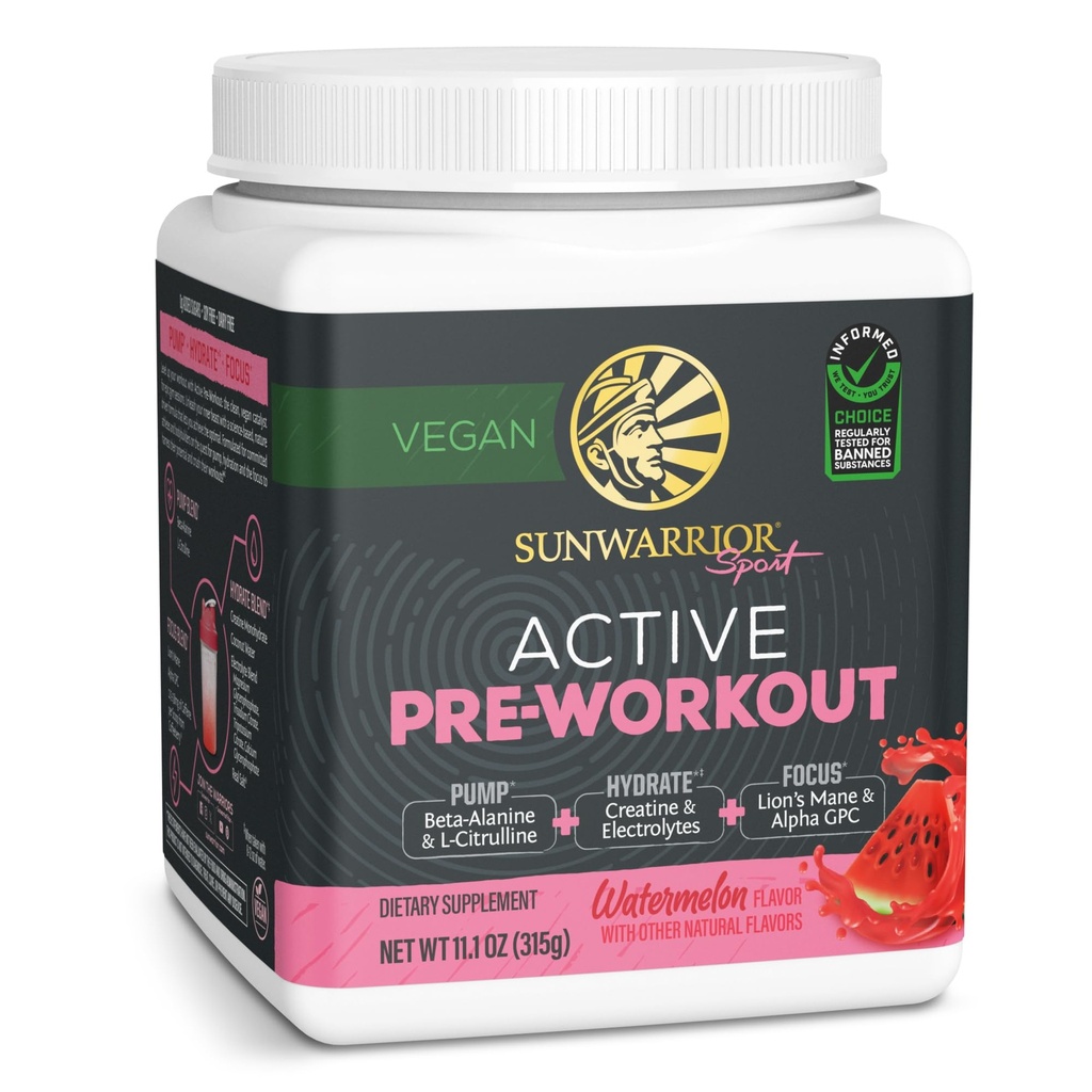 Sunwarrior Pre Workout Powder Energy Drink | Vegan Plant-Based Supplement | Pump, Hydrate, Focus, Endurance, & Strength Builder | Watermelon Flavored 30 Servings | Active Preworkout