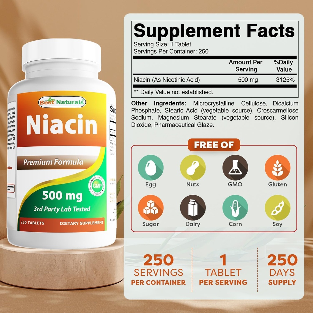 Best Naturals Niacin 500mg 250 tablet z zardevanjem - imenuje tudi vitamin B3 (250 Število (Pack of 2))
