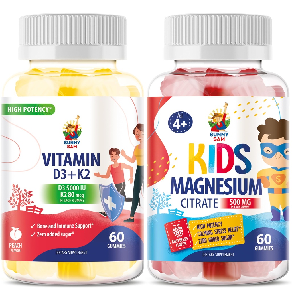 Magnezijeve žvečilke za otroke in vitamin D3 K2 Gummies 5000 i.e. - Imunska in kostna podpora - dodatek vitamina D brez sladkorja - visoka absorpcija, vegan, gluten-free Gummies za odrasle