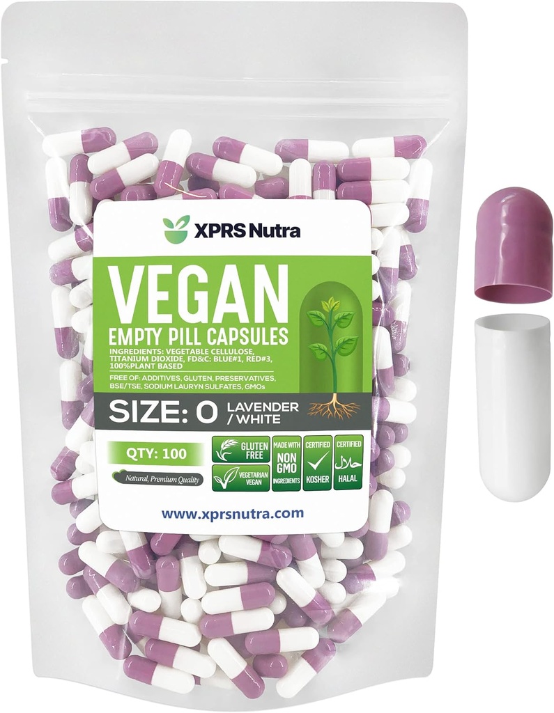 XPRS Nutra Size 0 Prazne kapsule - 100 Štetje Prazne Veganske kapsule - Vegetarijanske tablete DIY Zelenjavna kapsula Polnjenje - Veggie Pills za Do-it-Yourself Supplements (Lavender/White)