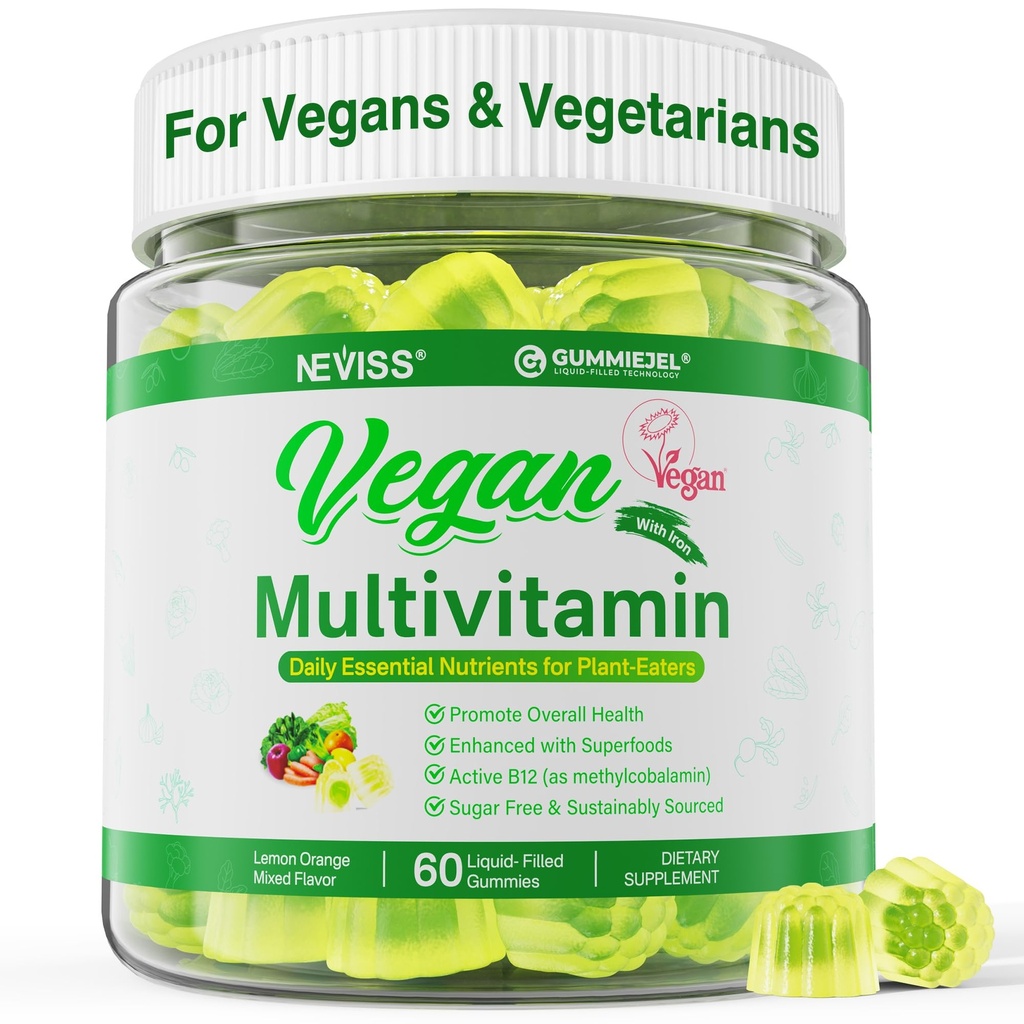 NEVIS Vegan Multivitamin za ženske in moške w/metil B12, D3 K2, rastlinska omega 3 (DHA+EPA), železo, holin, cink, cela hrana dnevni vitamini Gumiji za Vegane in vegetarijance, sladkor brez, 60Cts