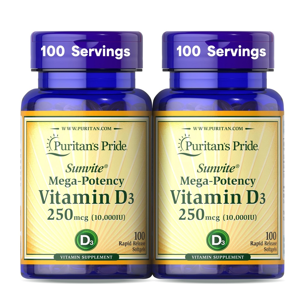 Puritan's Pride Premium SunviteTM Mega-Potency Vitamin D3 10.000 i.e., prehranska dopolnila za zdrave kosti, zobe in imunski sistem podpora, 100 Mehčalci za hitro sproščanje