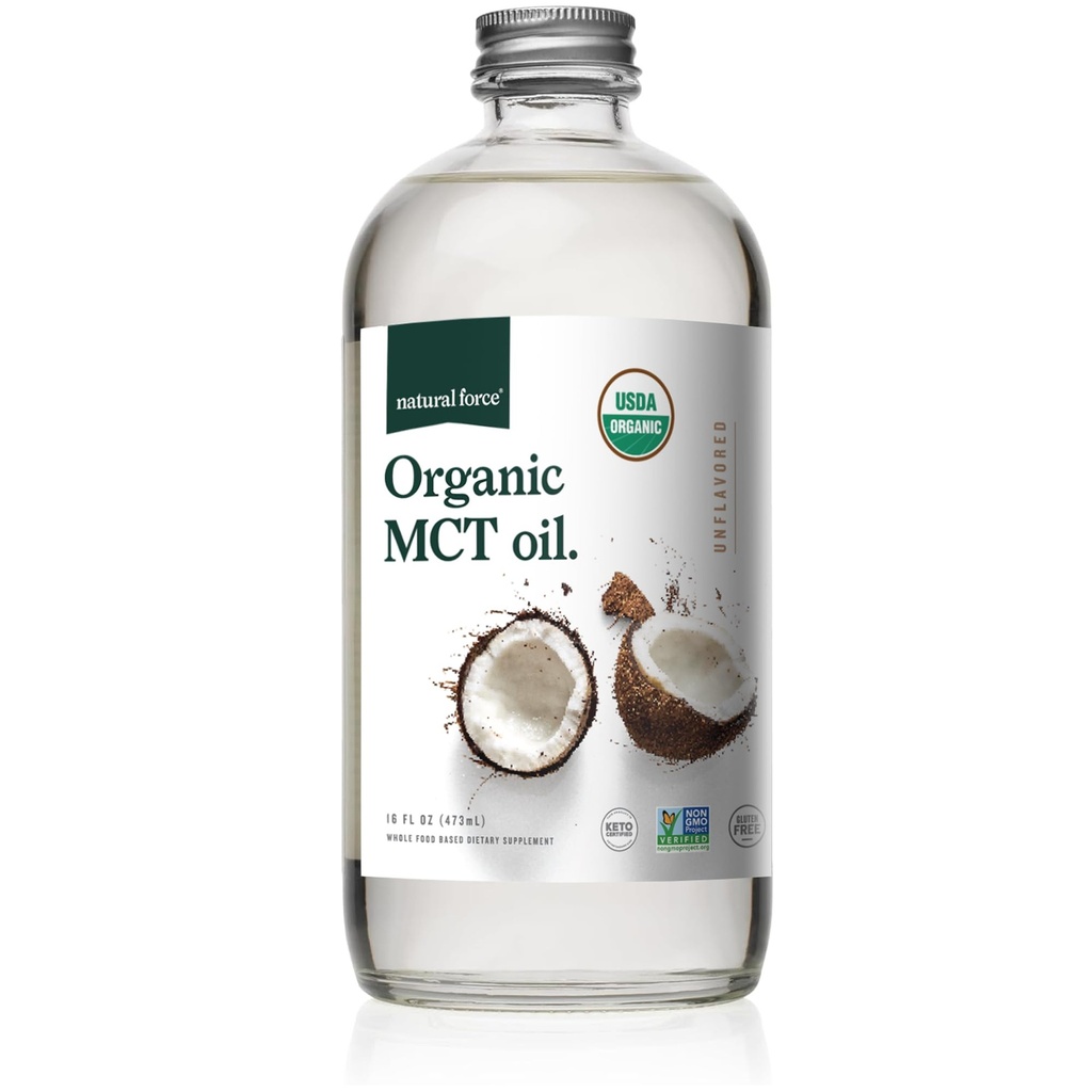Natural Force Organic MCT Oil – Čista steklena steklenica – Izdelano iz 100% hladno stiskanega Deviškega kokosovega olja + Certified Keto, Paleo, Kosher, Vegan & Non-GMO – Lab Tested for Quality and Purity - 16 Ounce