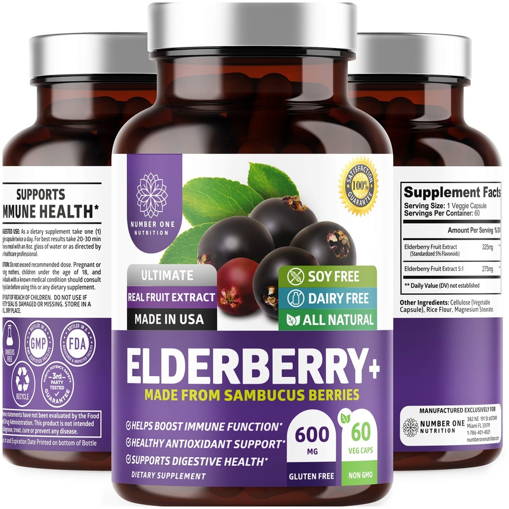 N1N Premium Črna Bezgove kapsule za odrasle [močna moč] Čista in močna Bezgova jagoda iz Sambucus Nigra za podporo Immunity & Skin Health, Non-GMO, Gluten Free, 60 Veg Caps