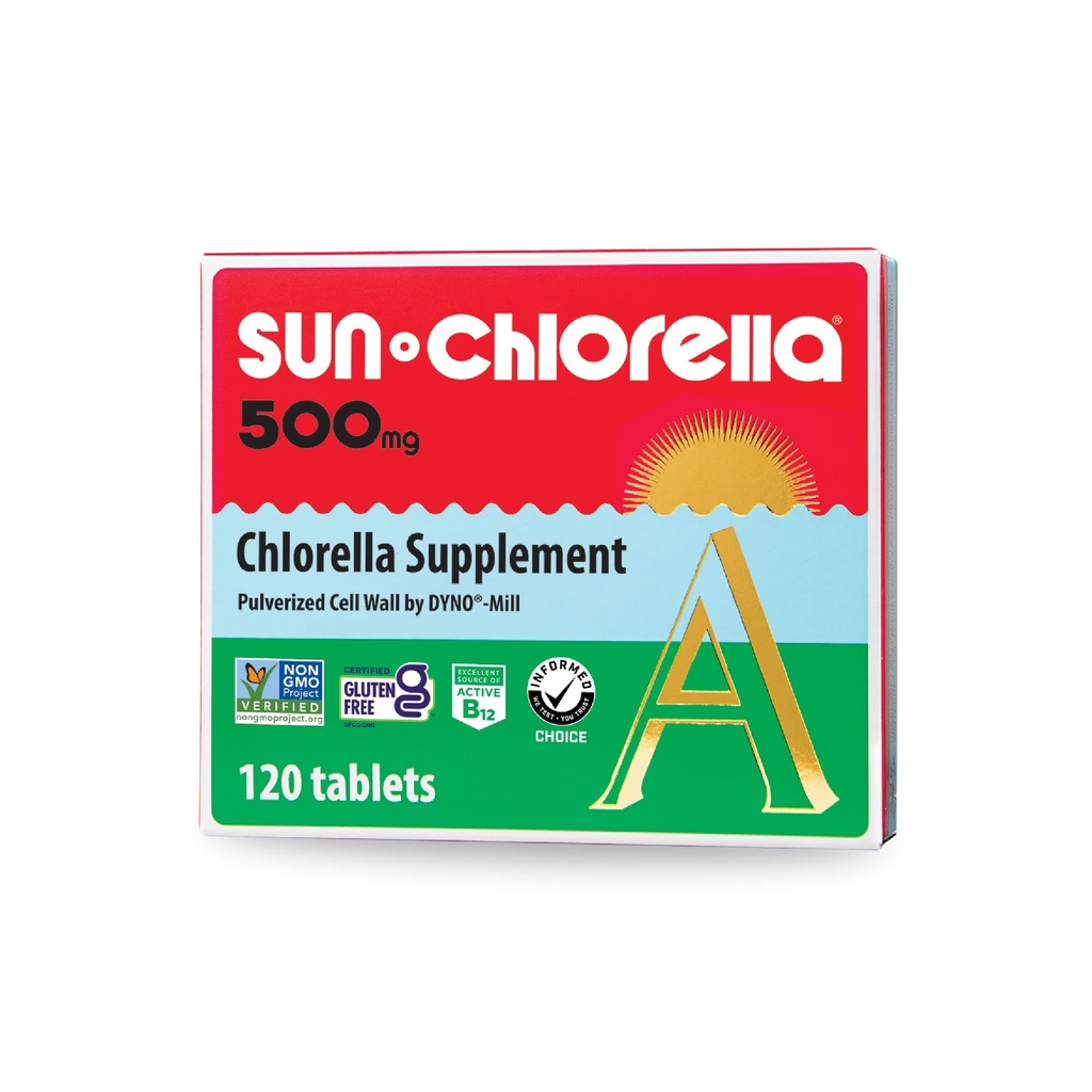Sun Chlorella 500mg Celo telo Wellness Green Algae Superfood dodatek - Imunska obramba, Gut Health, Naravne očiščevanje, Energy Boost - Klorofil, B12, železo, beljakovine - Ne-GMO - 120 tablet