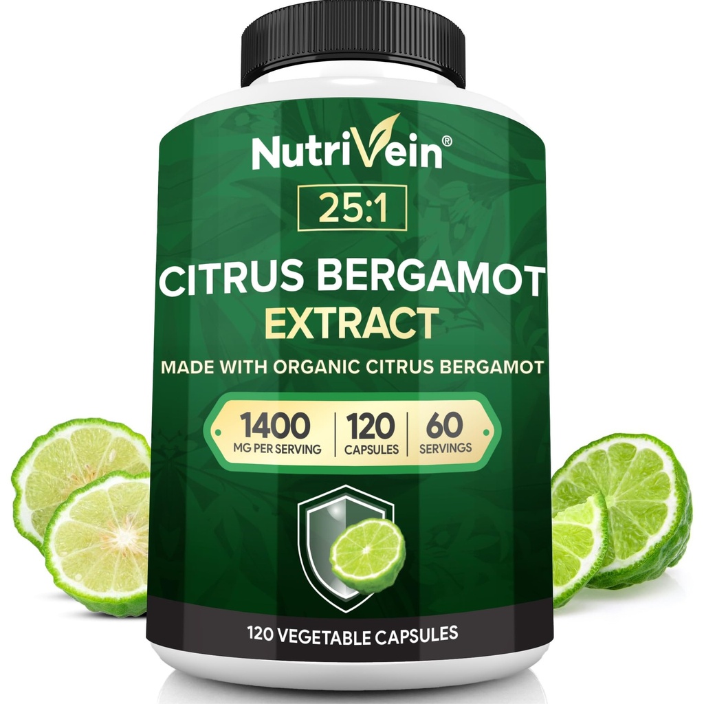 Nutrivein Premium Citrus Bergamot Dodatek 1400mg 25:1 Bergamia Extract - 60 dnevna zaloga (120 kapsul): močan italijanski Citrus Bergamot 1400 mg+ Visoka koncentracija - srce in krvni obtok