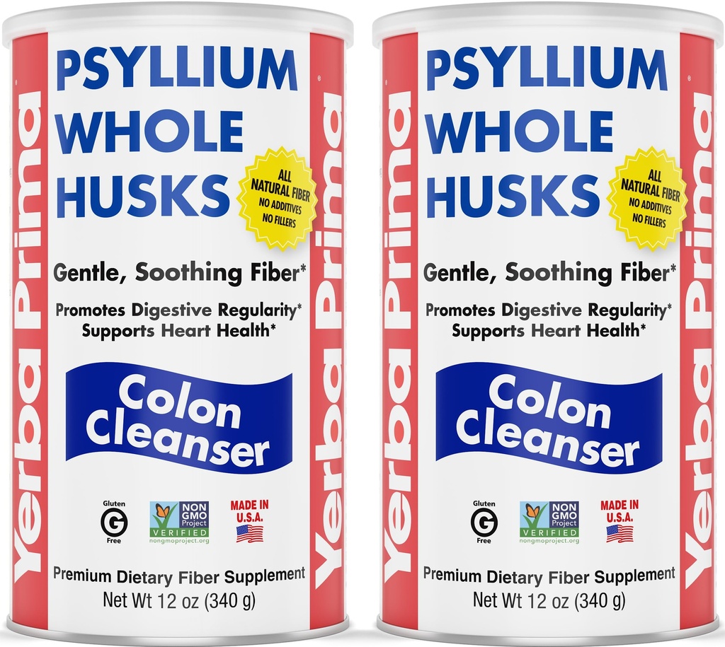 Yerba Prima Psyllium Cele huske, Cleanser Colon 12 oz (Pack of 2) - Vse naravne dietne vlaknine, Pure Premium Psyllium, Lab-Tested Non-GMO, Gluten-free Fiber, Made in the ZDA