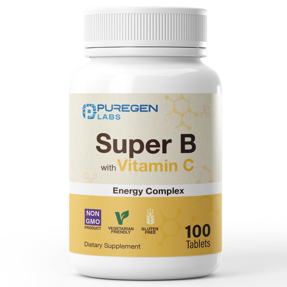 Puregen Labs Super B Energy Complex z vitaminom C - Imunsko zdravje, Energija & Živčevje Podpora - Ne-GMO, Gluten-free 100 vegetarijanske tablete