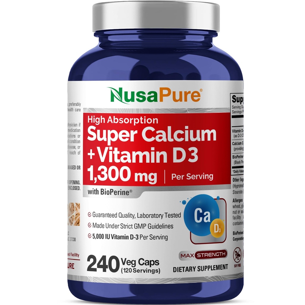NusaPure super kalcij 1300mg, vitamin D3-240 Veggie Caps (ne-GMO, brez soje, bioperin)