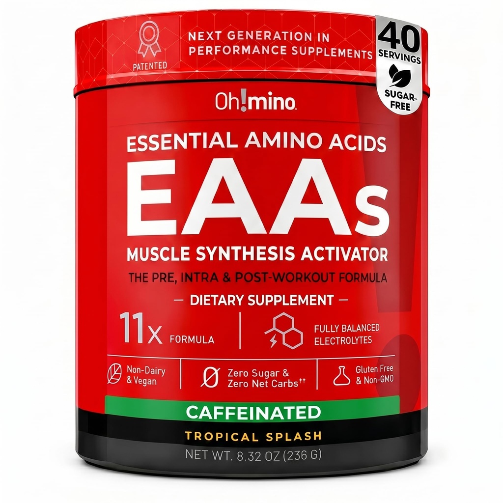 Oh!mino Essential Aminokisline dodatek. Tropska splash, Cafeeineated Powder. Vseh 9 EAA, BCAA in The Perfect Amino for Workouts, Amino Energy, in zgraditi mišice, in obnoviti hitreje.