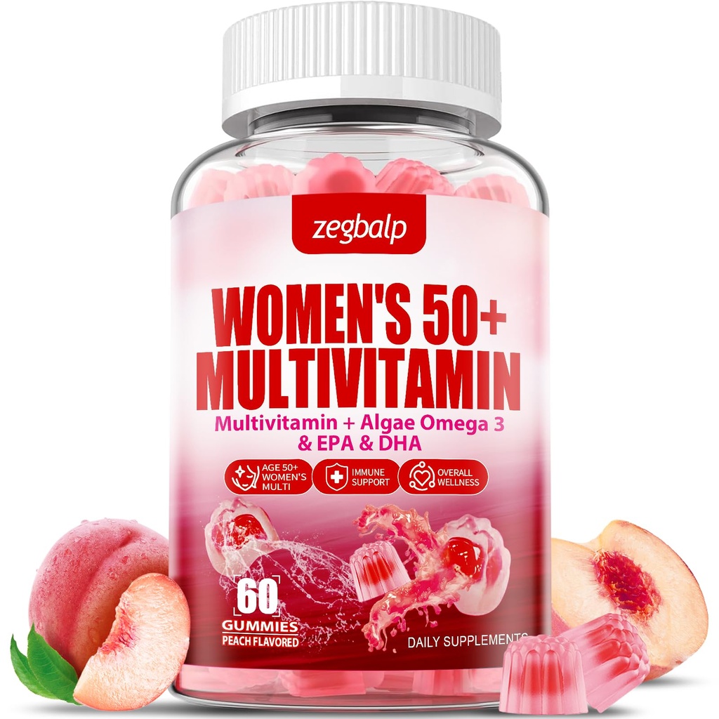 Ženske brez sladkorja Multivitaminski 50 Plus Gumiji s kalcij, magnezij, cink, vitamin A, C, D3, E, K2, B kompleks, Folat, Biotin - Multi vitamini in minerali za kožo, energijo, Imunska podpora