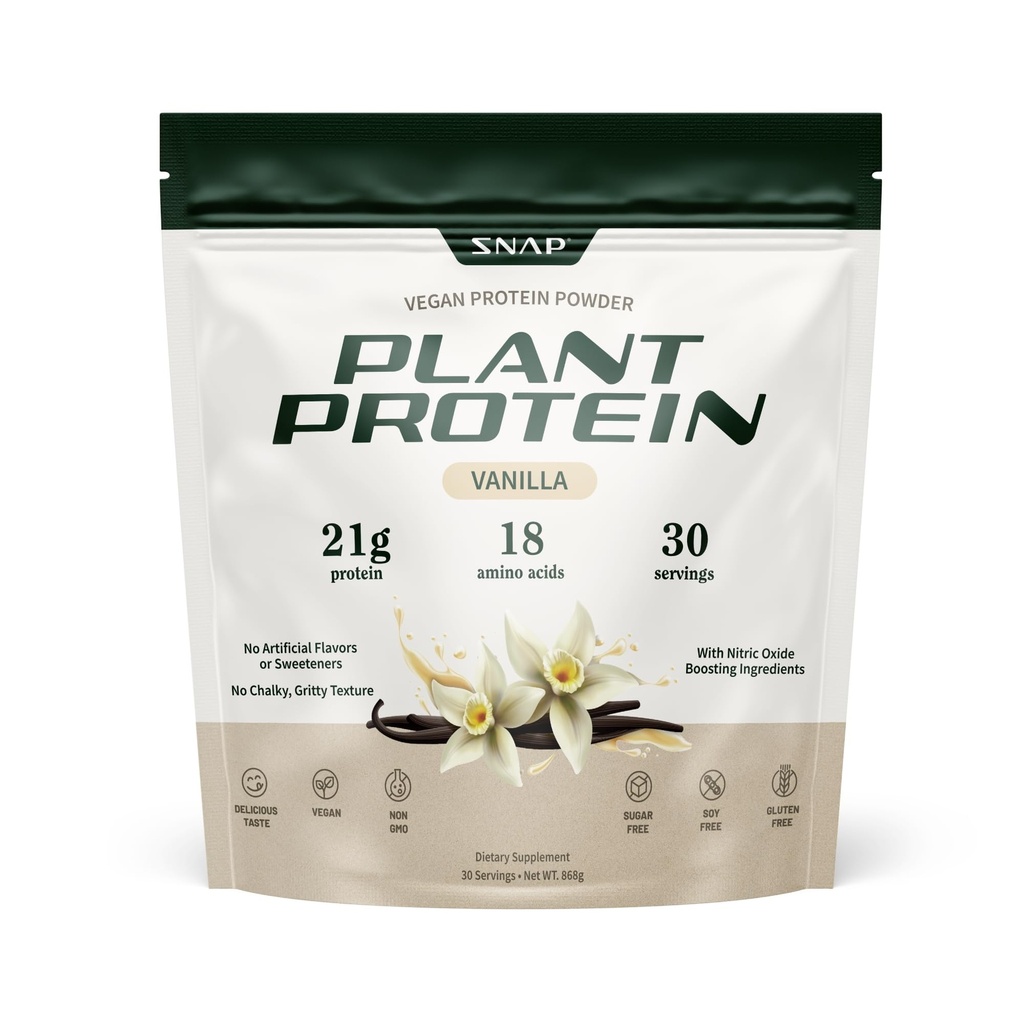 Snap dopolnila Ekološka rastlina Vegan Protein Powder Ducat Oxide Boost Protein Powder, Vanilla Bean, BCAA Aminokislina za mišično rast, zmogljivost in okrevanje - 30 Servinga (Vanilla)