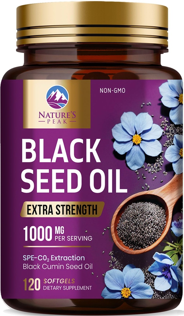 Black Seed Oil 1000mg - Premium Extra Strength Nigella Sativa Blackseed Oil - Black Seed Oil Skin, Digestive Health & Immune Support - Ne-GMO Antioksidant, Gluten Free Supplement - 120 Softgels