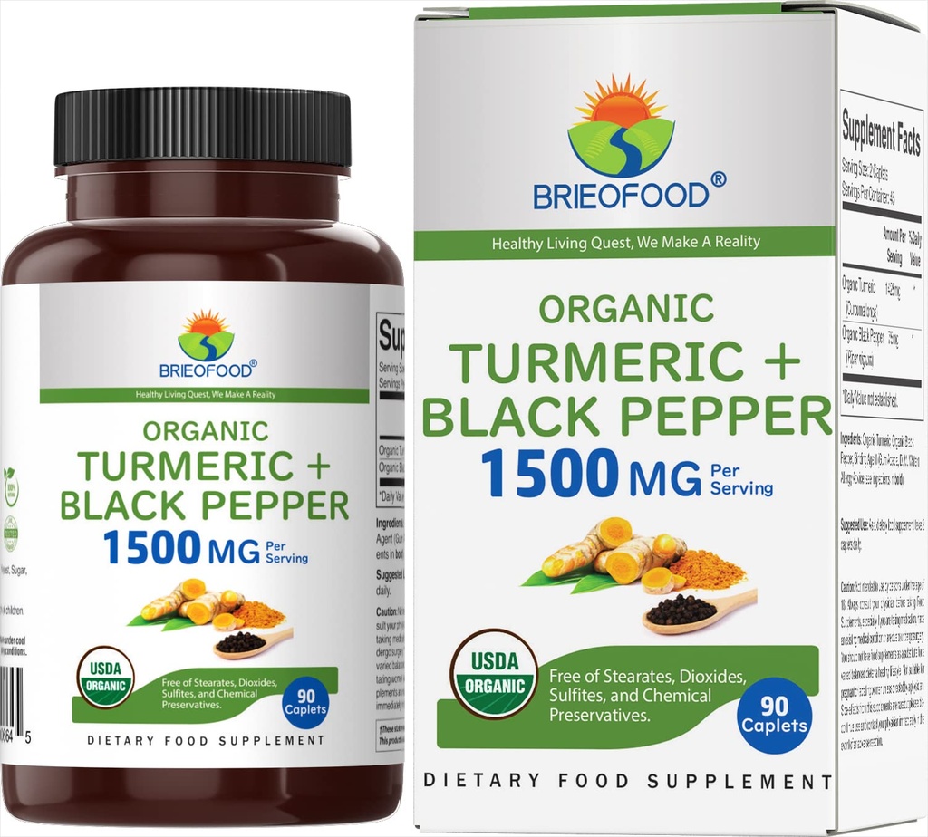 Brieofood Organic Kurkuma s črnim poprom 1500mg, 45 Služabniki, vegetarijanci, Gluten prost, 90 vegetarijanske tablete