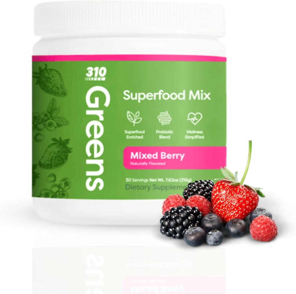 310 Nutrition Organic Superfood Greens Powder – Super Green Powder dodatek z Daily Greens Spirulina, rastlinski encimi in antioksidanti – Immunity Boost – Mešana Berry, 30 Servings
