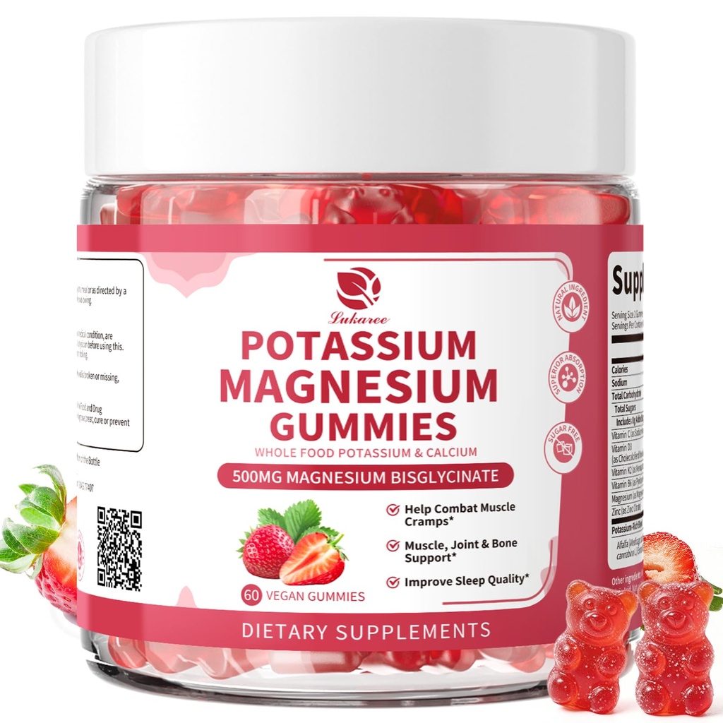 Magnezijev kalijev dodatek Gumiji - Nova Formula Calm Magnezijev Glicinat Gumiji & Kalijev Citrat 200 mg Plus Omega 3, B6, D3, K2 & Kalcij za Zzz, Kramps in mišice - 120 Število