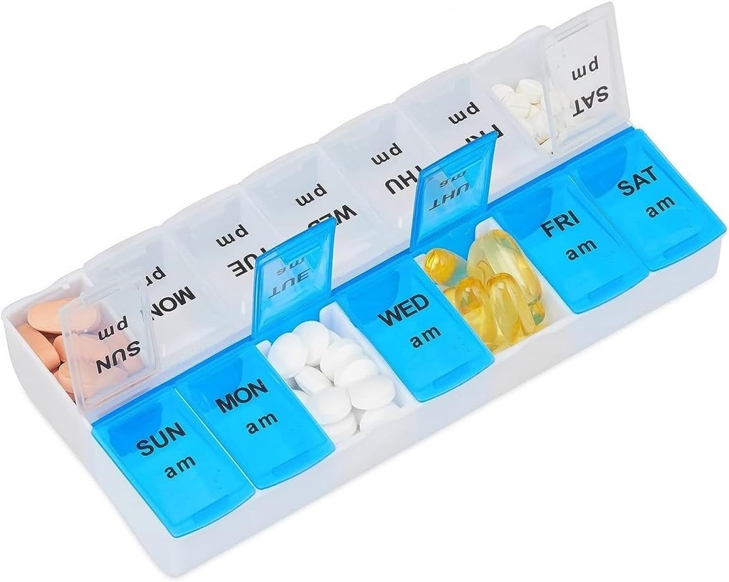 Organizator tablete 7 dan, tablete Box 2 krat na dan AM PM tablete primeru, tedenske tablete zabojnik prenosljiv potovalne medicine polje za vitamine in dodatki (modra bela)