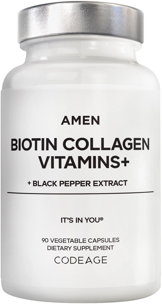 Amen Biotin Kolagen Vitamini+ 10.000 μg Biotin Dodatek - Hidroliziran kolagen, Vitamini C & E, Folat, Hialuronska kislina, Keratin, MSM, Saw Palmetto - 3-mesečna zaloga - Ne-GMO - 90 kapsul
