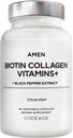 Amen Biotin Kolagen Vitamini+ 10.000 μg Biotin Dodatek - Hidroliziran kolagen, Vitamini C & E, Folat, Hialuronska kislina, Keratin, MSM, Saw Palmetto - 3-mesečna zaloga - Ne-GMO - 90 kapsul
