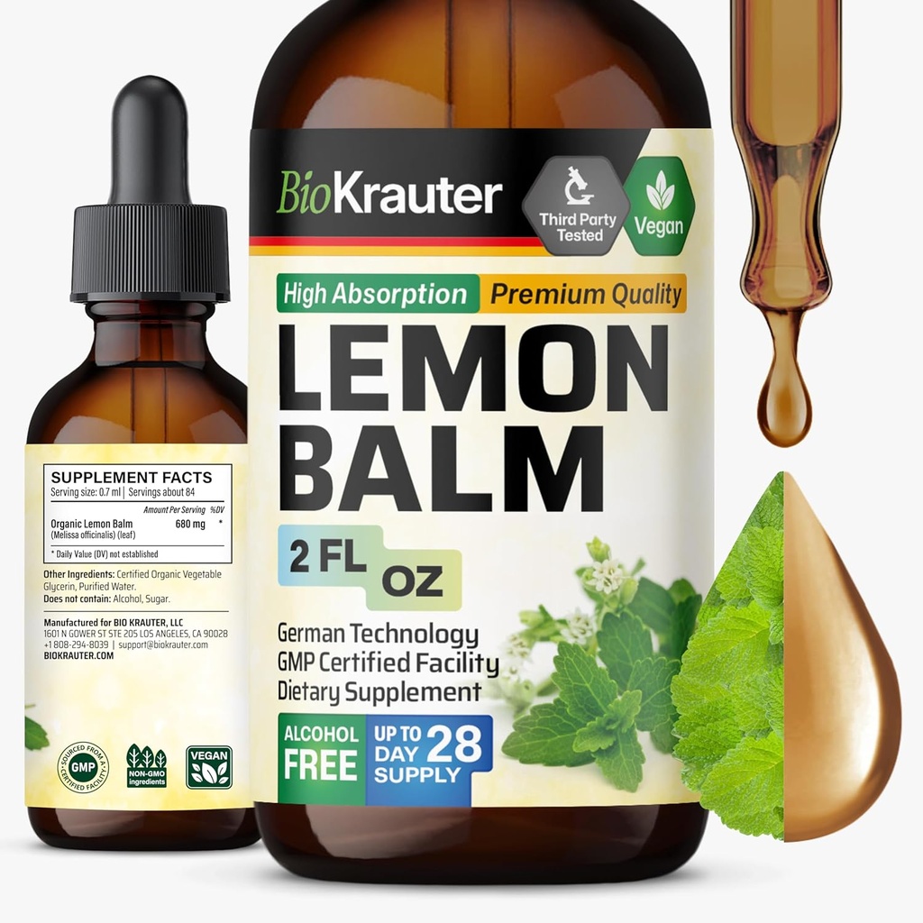BIO KRAUTER Lemon Balm Leaf Extract - Vegan Melissa Lemon Balm Tinktura za podporo umirjenosti - Sugar & Alkohol brez - 2 Fl. Oz.
