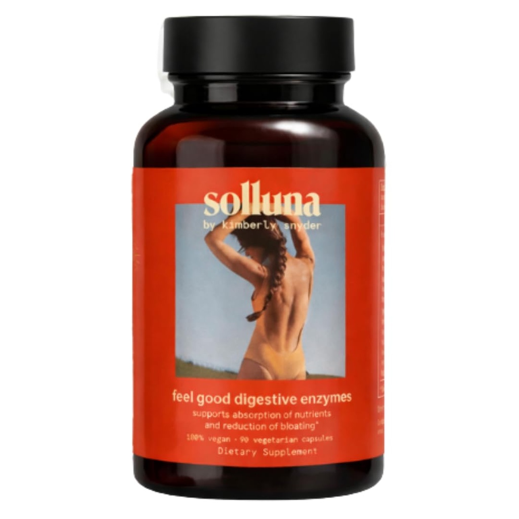 Solluna Kimberly Snyder Digestive Enzymes Lipaza, Amylase, Protease, Alpha-Galaktosidaze, Cellulaza za digestivno zdravje, Absorpcija hranil, bolečina v trebuhu, plin in napenjanje (90CT) Vegan & Non-GMO