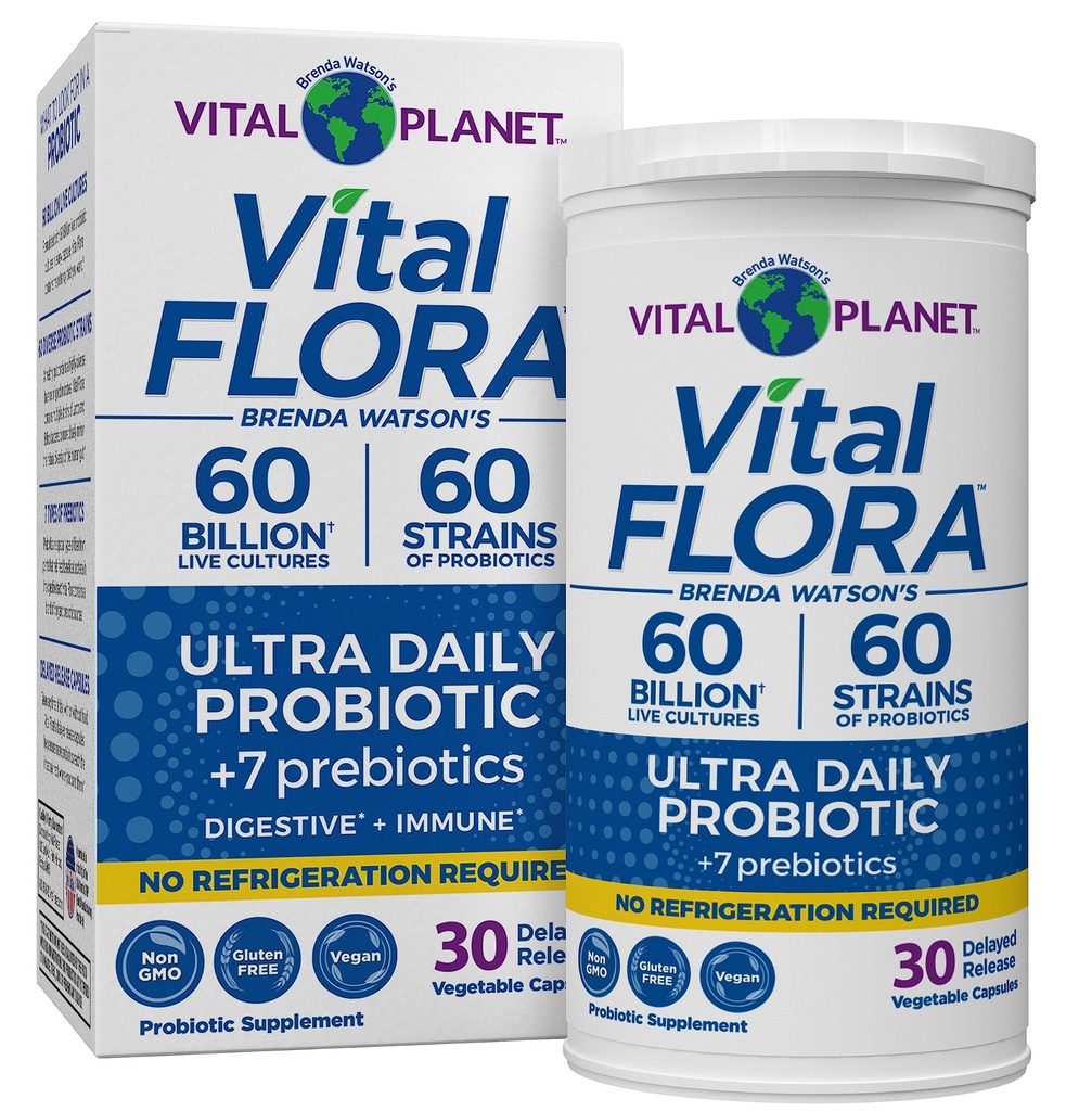 Vital Planet - Vital Flora Ultra Daily Probiotic 60 Milijarda CFU, 60 Diverse sevi, 7 Organic Prebiotics, Imunska podpora, Prebavne zdravstvene police Stabilni probiotiki za ženske in moške 30 Kapsule