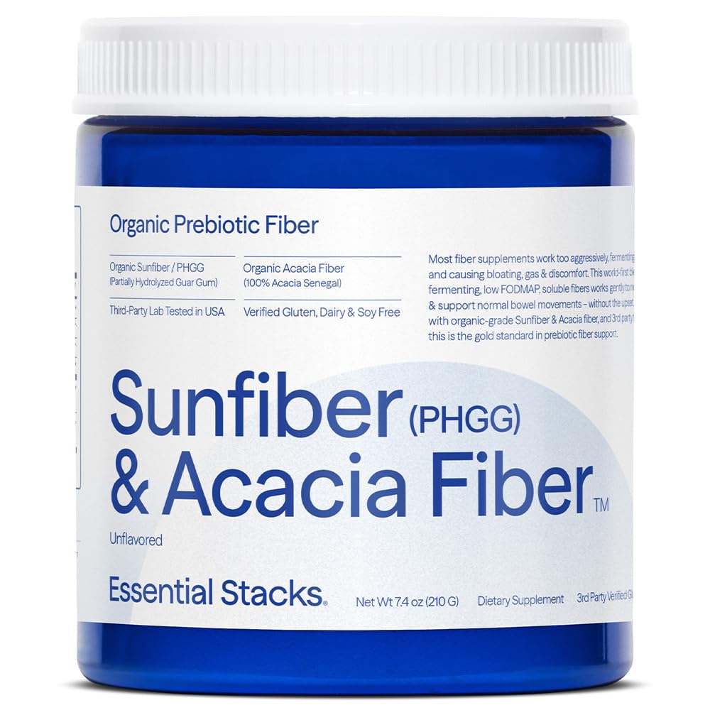 Essential Stacks Organic Sunfiber Prebiotic Fiber (delno hidroliziran Guar Gum/PHGG) z Acacia Fiber Powder - Gluten Free, Non-GMO & Unflavored Soluble Fiber (7.4 oz)