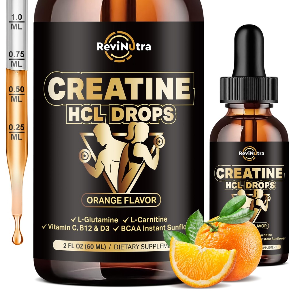 Creatine HCL Liquid Drops for Men & Women, 1500mg Liquid Creatine Hydrochloride, High Absorption, 2 Fl Oz Orange Flavor