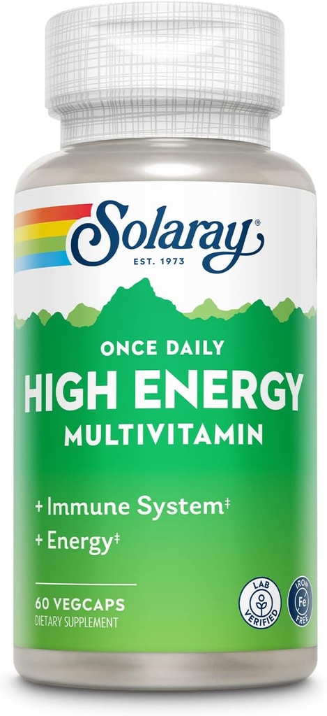SOLARAY Enkrat na dan High Energy Multivitamin, Iron Free, Imunski sistem in energijska podpora, Cela hrana in zeliščne osnovne sestavine, Moški in ženske multi Vitamin, 60 Serving, 60 VegCaps