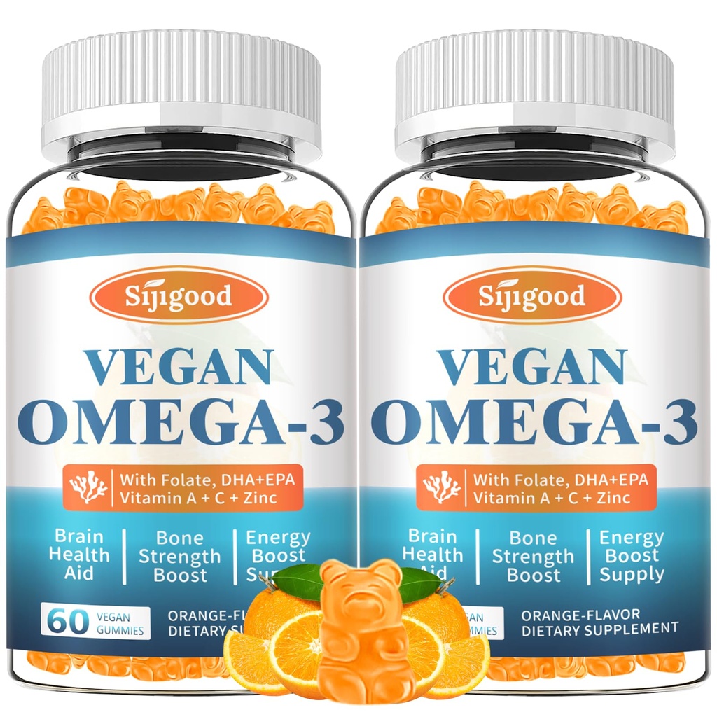 2 Pack Omega-3 Gummies Potent Algae Omega Vir, Boost Brain, Eye & Imunska funkcija, z DHA in EPA Vegan & Sugar brez, Orange Flavor, 120 Število