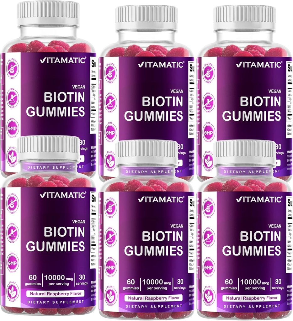 Vitamatski Biotin Gumies 10.000 mcg za močnejše lase, kožo in nohte - 60 Veganski gumiji - imenovan tudi vitamin B7 (6 steklenic)