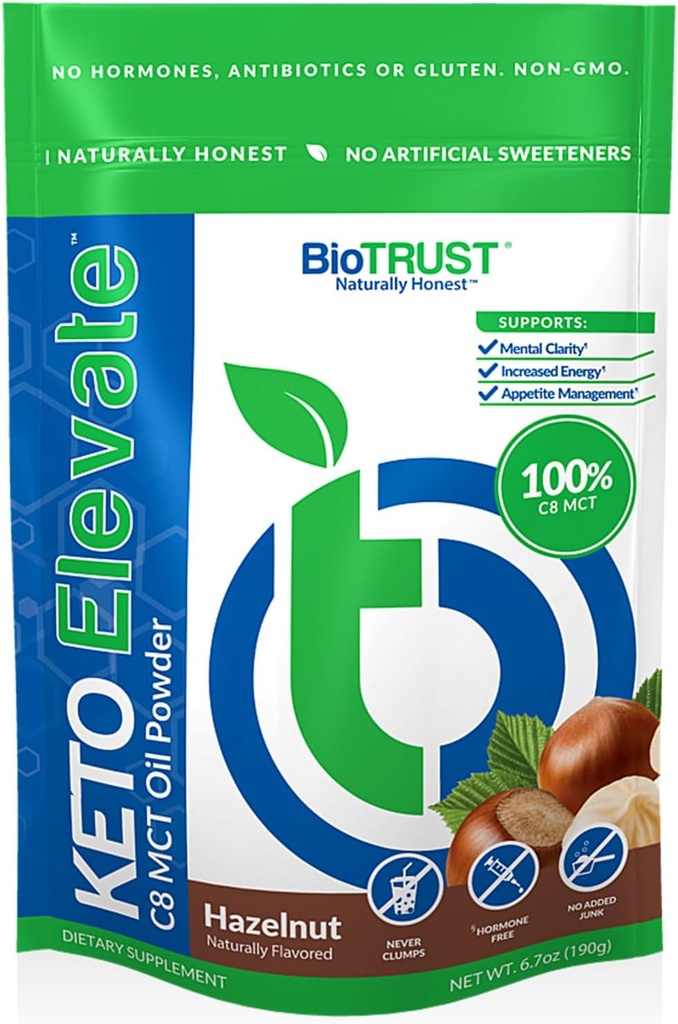 BioTrust Keto Elevate – C8 MCT Oil Powder – Ketogene MCT Coffee Creamer, Keto Coffee Creamer – Čista energija, mentalna osredotočenost in jasnost – 100% Caprylic Acid MCT Powder, Non-GMO (Hazelnut, 20 Serving)