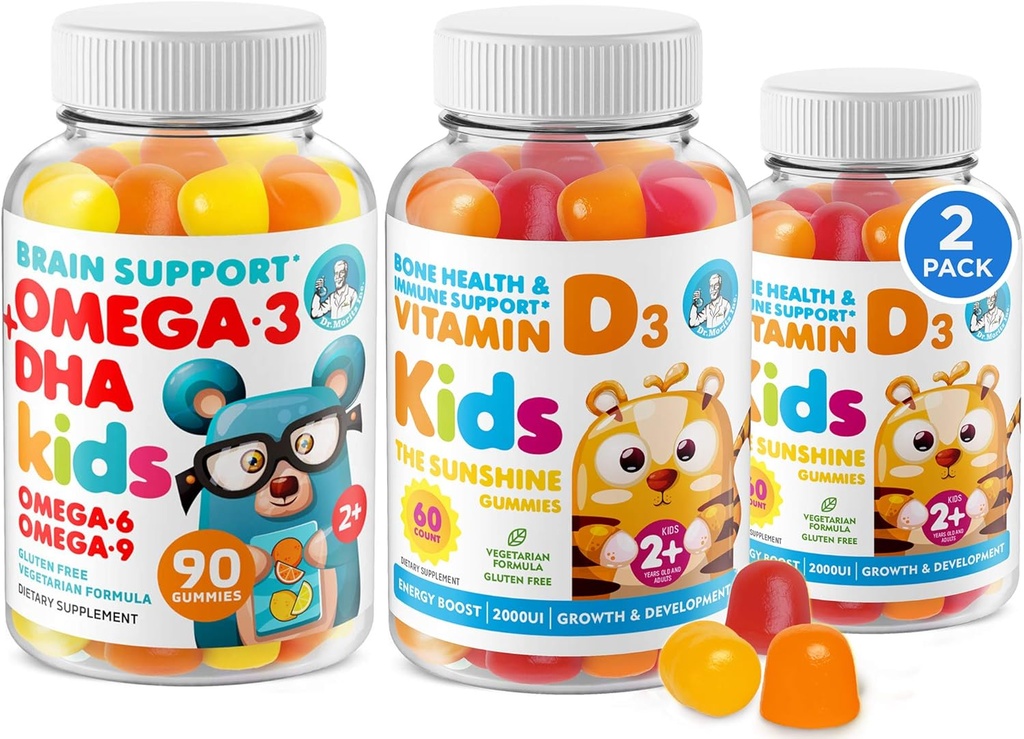 Omega 3 DHA Gumiji in vitamin D Gumiji za otroke in odrasle - brez ribjega olja in brez glutena Fiber Chewable