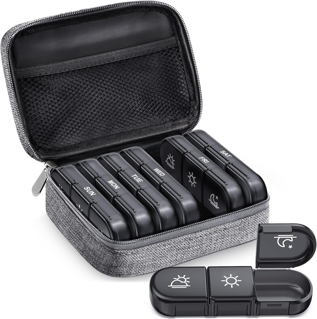 ZIKEE velike tedenske tablete Organizator primera 3 krat na dan, Prenos svetlobe dokaz Canvas tablete Box 7 dan za zaščito vaše zasebnosti in trgovine medicina, vitamin, ribje olje, dodatek (Grey)