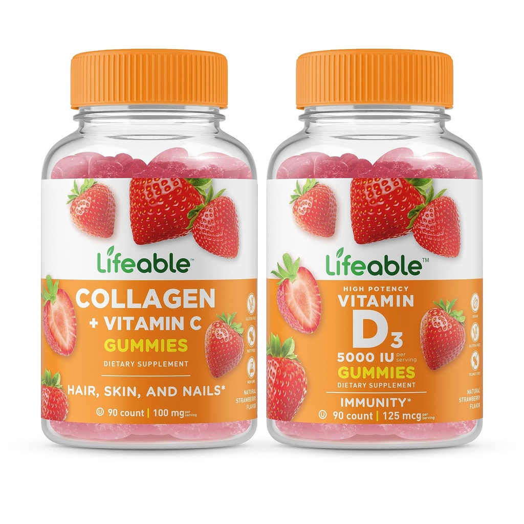 Življenjski kolagen & vitamin C + vitamin D 5000 i.e., Gummies Bundle - odličen okus, vitamin dopolnilo, Gluten brezplačno, GSO brezplačno, žvečljivi gumi