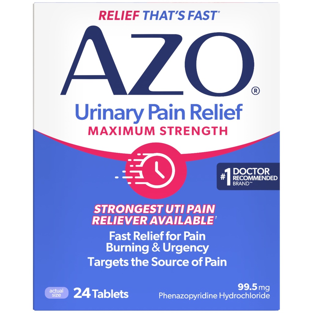 AZO bolečine v urinu Relief maksimalna moč, hitro lajšanje bolečine UTI, opekline in urgenca, tarče Vir bolečine, #1 Najbolj zaupanja vredna znamka, 24 tablet