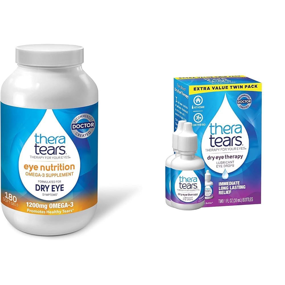 TheraTears 1200mg Omega 3 Dopolnilo za prehrano oči, organsko laneno trigliceridno ribje olje in vitamin E, 180 Count & Suho oko zdravljenje Lubricating oči kapljice za suhe oči, 1 fl oz steklenica Twin pakiranje