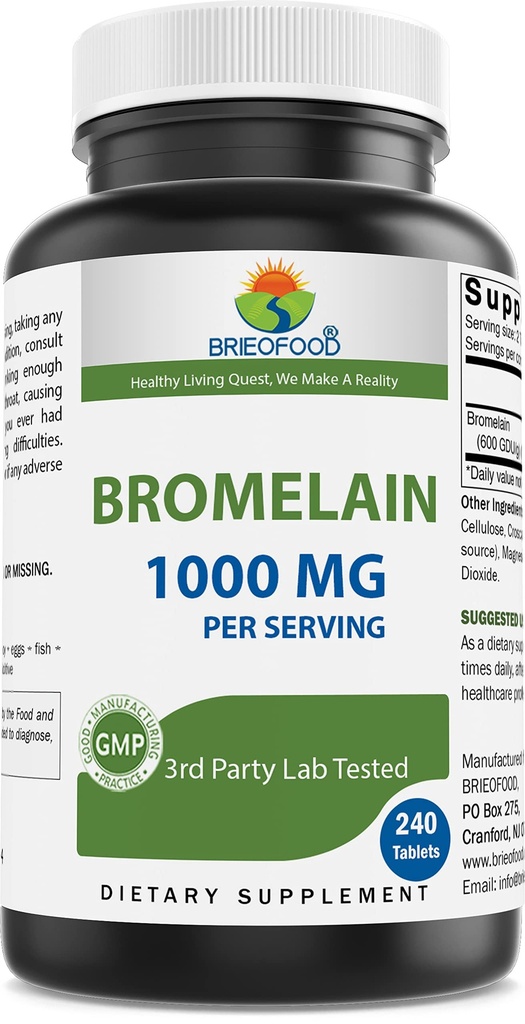 Brieofood Bromelain 1000 mg na odmerek 240 tablet - Proteolitična prebavna encima - podpira zdravo prebavo, skupno zdravje, Absorpcija hranil