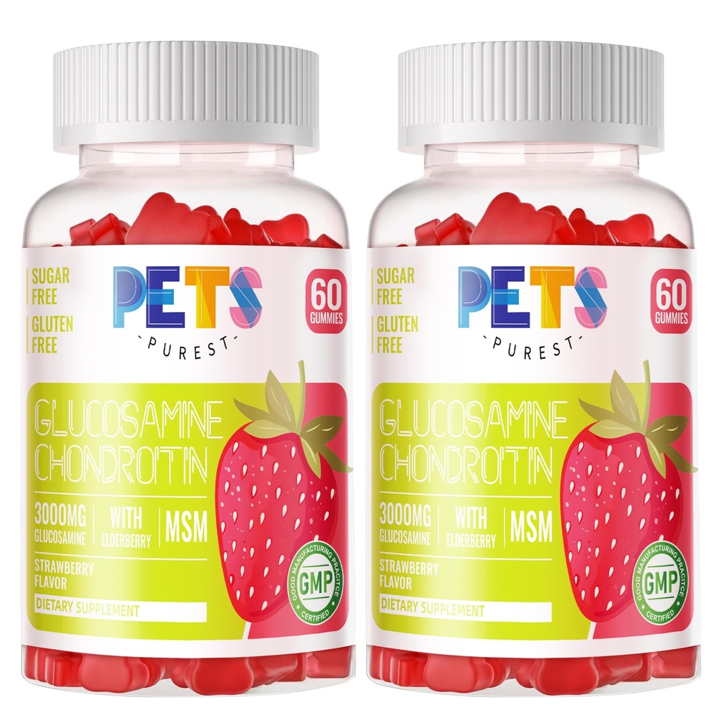 Hišni ljubljenčki Purest Glukozamin Chondroitin Gumies z MSM & Elderberry Dodatna moč - skupna podpora, Antioksidant Imunska podpora dodatek za odrasle, moške in ženske.(2 Pack) Jagoda
