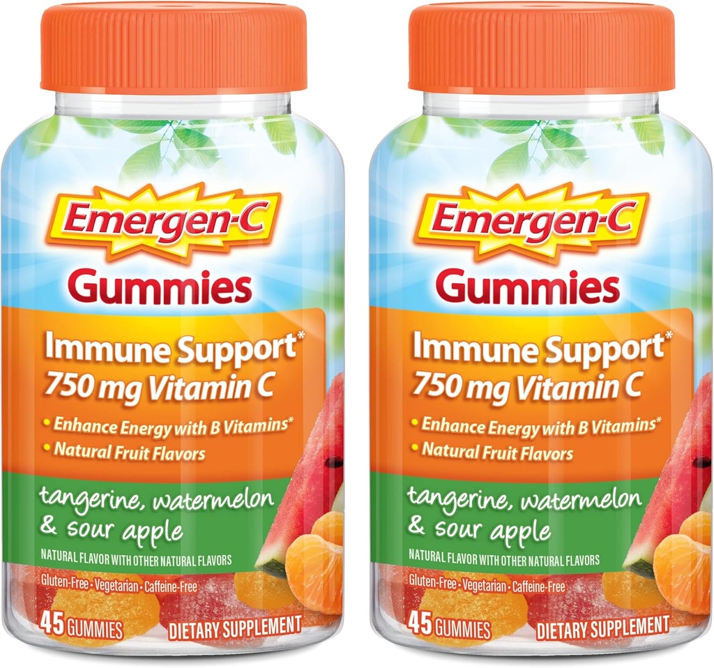 Emergen-C Vitamin C Gumies, Prehranska dopolnila za imuno podporo, Tangerin, Watermelon in Sour Apple Flavor - 45 Število x 2 (Pack of 2)