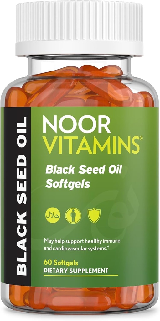 Noor Vitamini Halal črno seme Oil Kapsule, Halal Vitamini, 1000 mg črno seme olje iz Nigella Sativa, Timokinon, Non-GMO, Gluten Free, 60 Število