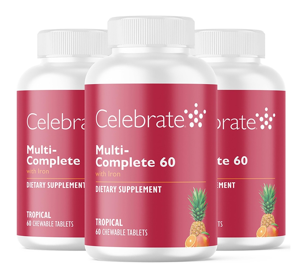 Praznujte vitamine Multi-Complete Žvečilni, 60mg železa – Dnevni bariatrični multivitamin za rokavi Gastrectomy & Gastric Bypass Bolniki – Bistveni vitamini in minerali - Tropske (180 tablet)