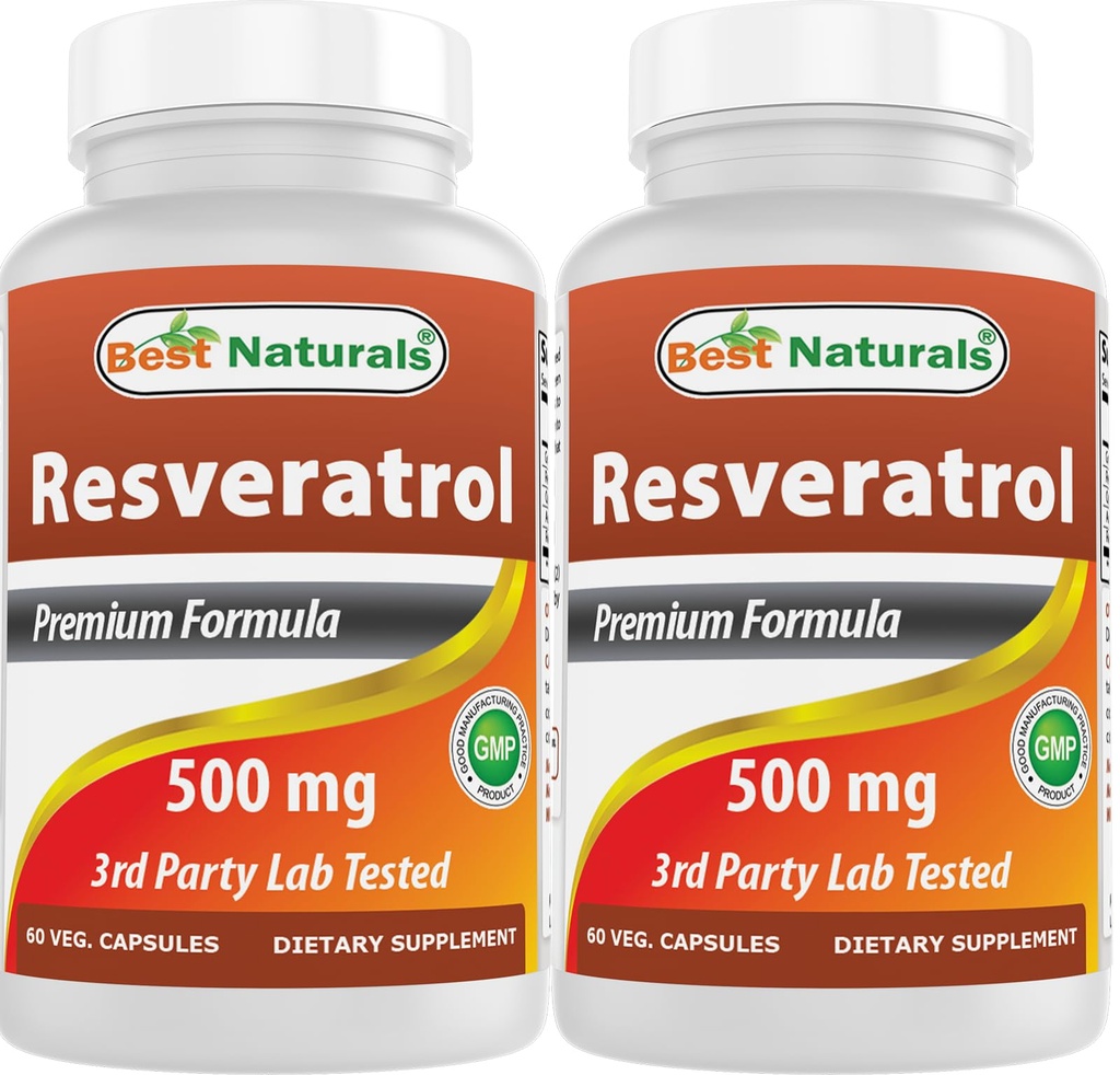 Najboljši naravni 2 paketi Resveratrol Complex 500 mg 60 Veg kapsule narejene iz grozdne kože, rdečega vina, Quercetin - Gluten brez GSO - (skupaj 120 kapsul)