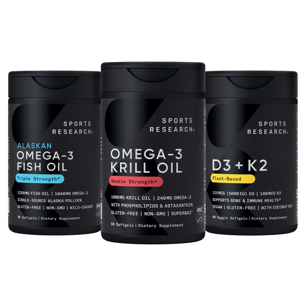 Športne raziskave Antarktika Krill Oil Omega 3 1000mg (dvojna moč) s fosfolipidi, holin & astaksantin, Trojna moč Omega 3 ribje olje eno-virje Wild Aljaska Pollock 1250mg, vitamin D3 K2