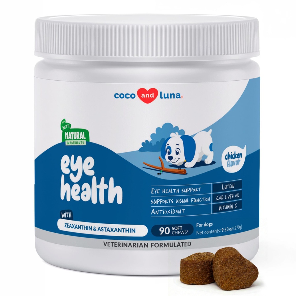 Podpora za oči za pse - 90 mehkih žvečil - pasji dodatki za vid, očesni vitamini za pse, s trsko jetrno olje antioksidant, Dog Omega dodatek, Omega 3 EPA in DHA maščobne kisline.