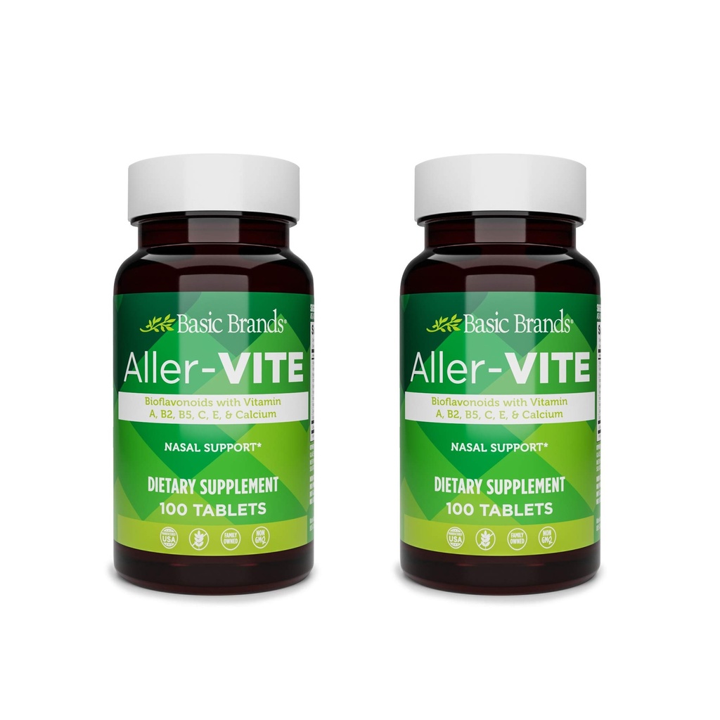 Osnovne blagovne znamke Aller-Vite - Naravni alergija Relief tablete - Homeopatski Sinus & Nasal Podpora z bioflavonoidi, Vitamini A, B2, B5, C, E & Kalcij - 100 Veganske tablete - 2-Pack